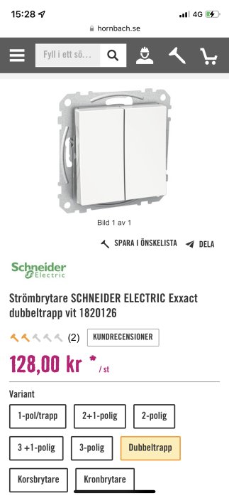 Strömbrytare Schneider Electric Exxact vit dubbeltrapp i förpackningen, skärmdump från webbplats.