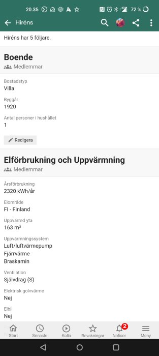 Skärmbild av en användarprofil på ett forum som visar information om boende och elförbrukning.