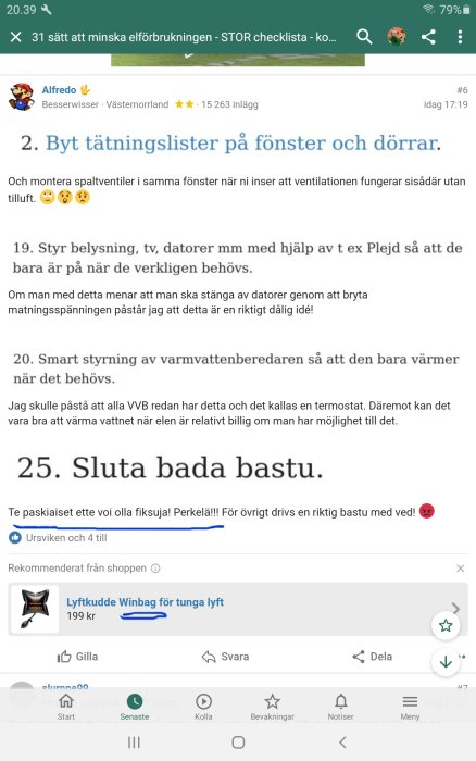 Skärmbild av ett foruminlägg med tips för att minska elförbrukning och en reklam för lyftkudde.