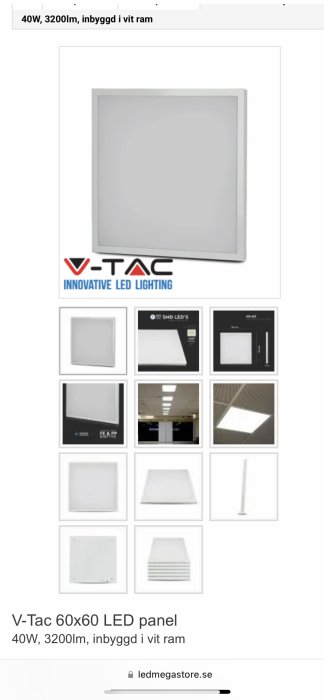 V-Tac 60x60 LED-panel på 40W, 3200lm med inbyggd vit ram och produktvarianter.