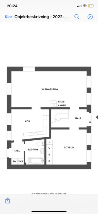 Plantekning av en bostad med markerade rum som vardagsrum, kök, hall och badrum.