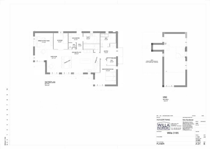 Ritning av husplan för Willa Nordic modell 3185 med tydlig planlösning och dimensioner.