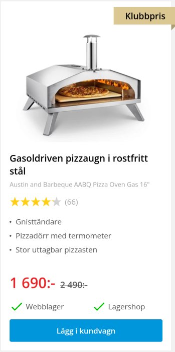 Gasoldriven pizzaugn i rostfritt stål med pizza inuti, på kampanjpris.