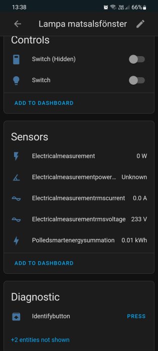 Smart home device interface showing controls and energy measurements on a mobile screen.