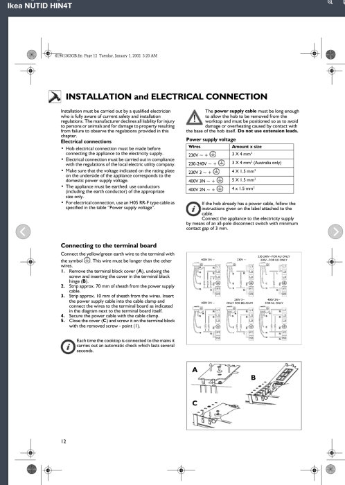 Instruktionssida för installation och elektrisk anslutning av IKEA spis med schema och text.