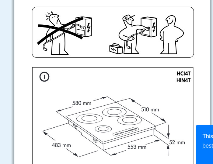 Illustration från manual som visar rätt och fel sätt att hantera en spiskabel samt mått på spishäll.