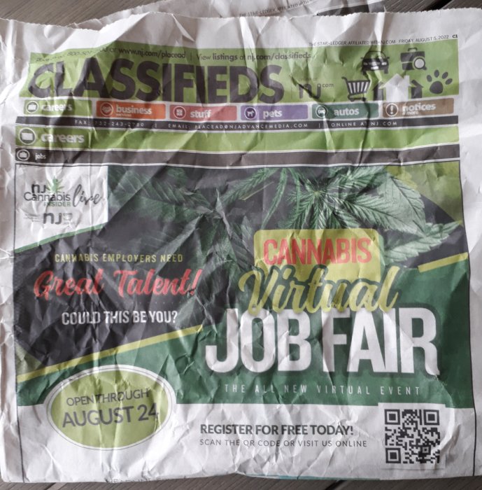 Tidningssida med annonsering för en virtuell arbetsmässa inom cannabisindustrin, "Cannabis Virtual Job Fair".