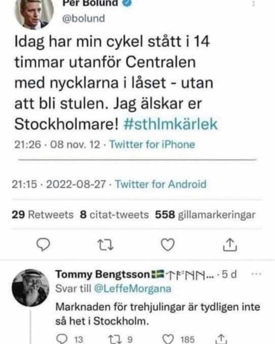 Skärmdump av Twitter-inlägg där någon delar en berättelse om en olåst cykel som inte blivit stulen i Stockholm.