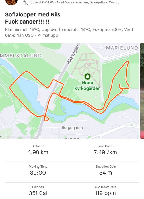 Kartskärmdump visar löprunda på 4.98 km i stadsområde med prestationer och motivering "Fuck cancer!!!!".