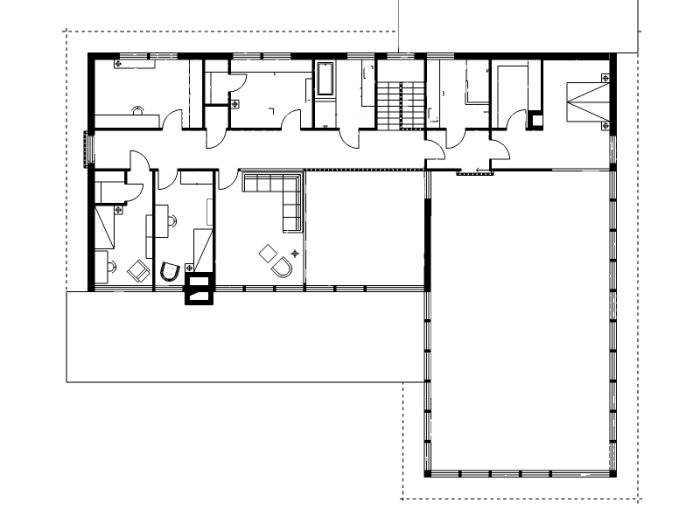 Planritning av ett hus med markerade områden för vardagsrum, matplats och växthus.