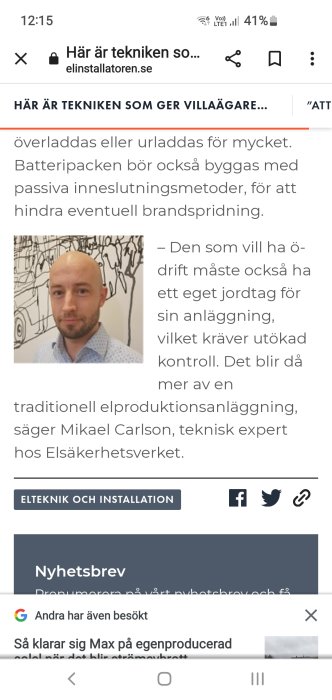 Skärmklipp från en artikel med en man i förgrunden och text om teknik för villaägare i bakgrunden.