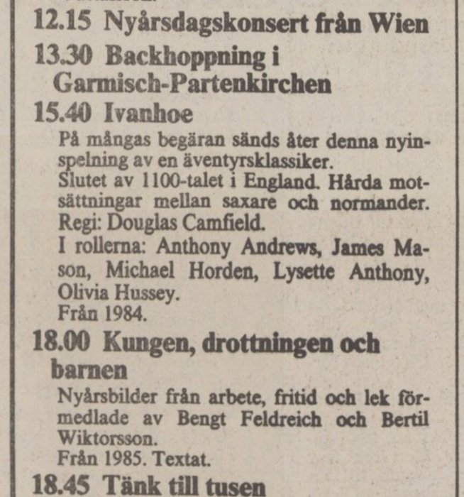 Gammal TV-tablå med programmet Ivanhoe listat, text om engelska 1100-talet och skådespelare.