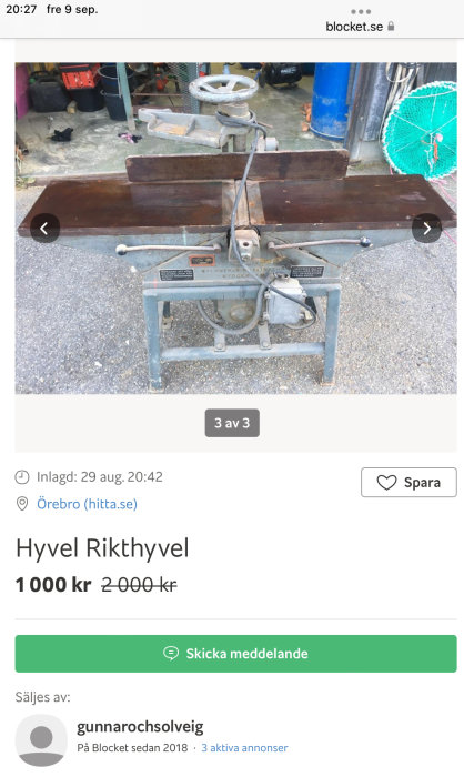 Begagnad rikthyvel med planhyvel i en utomhusmiljö, sänkt pris från 2000 till 1000 kr.