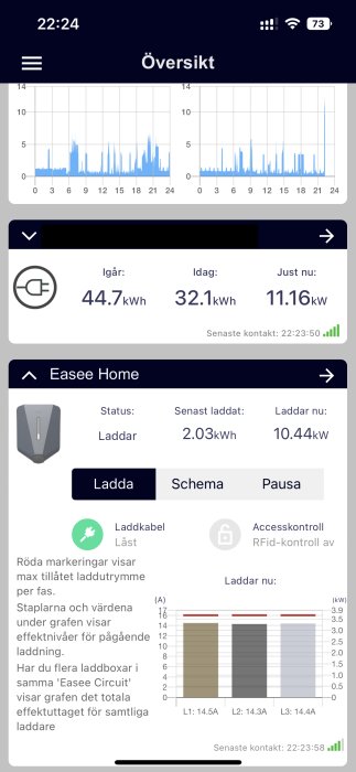 Skärmavbild av appöversikt med energiförbrukningsgrafer och laddningsdata för elmätare.