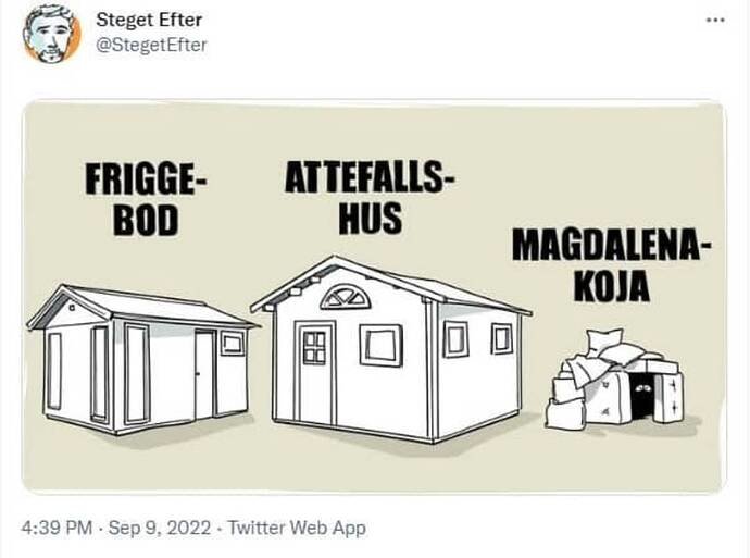 Illustration av tre olika byggnader: en friggebod, ett attefallshus och en hög med kartonger kallad Magdalenakoja.