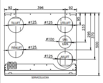 Ritning av ventilationssystem med måttangivelser och markeringar för tillufts-, frånlufs-, och avluftspositioner.