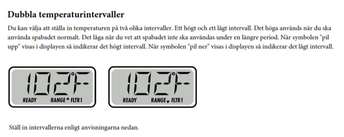 Digitala termostatdisplayer visar dubbla temperaturintervaller med symboler för högt och lågt intervall.