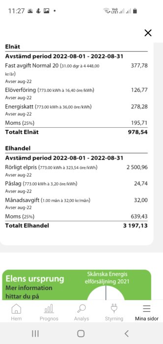 Skärmdump av mobiltelefon visar elräkning med detaljerad kostnadsuppdelning.