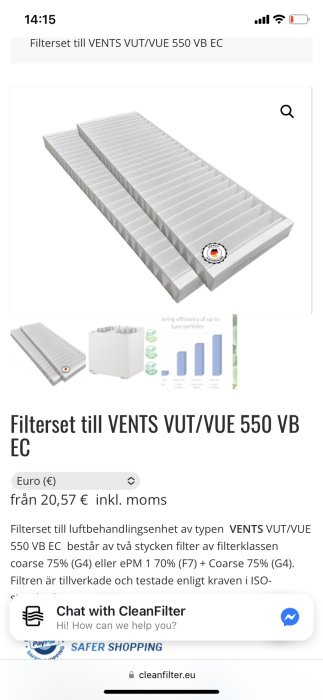 Ventilationsfilter till VENTS VUT/VUE 550 VB EC visas på skärmdump från en webshop.