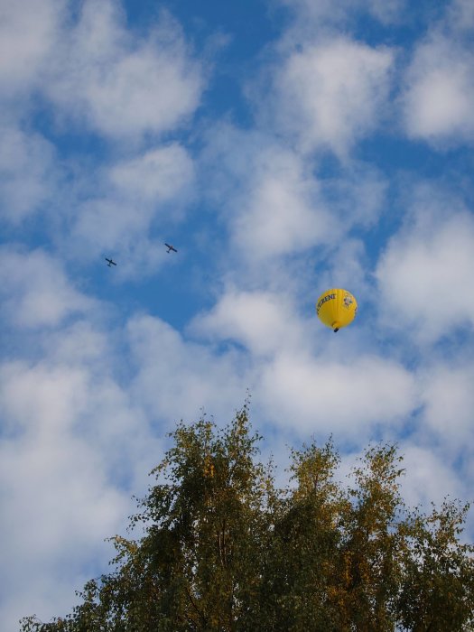 Luftballong och två små flygplan flyger i molnig himmel ovanför trädtoppar.