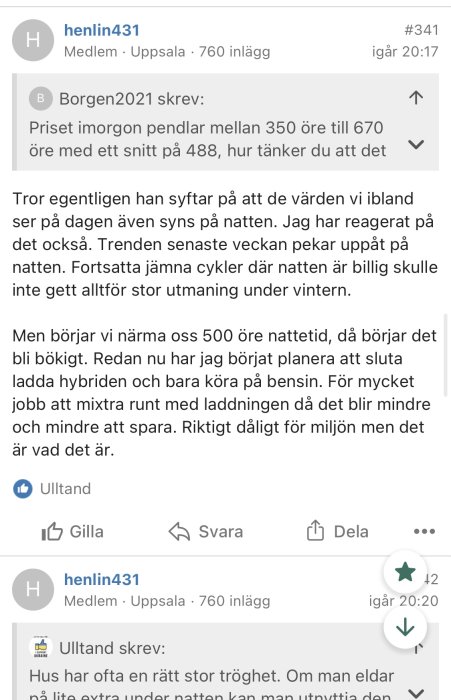 Skärmbild av ett diskussionsinlägg i ett forum där användaren förklarar elprisets påverkan på laddningsvanor.