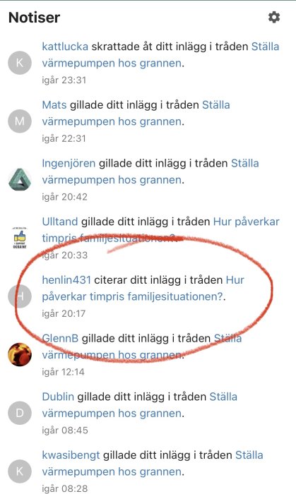 Skärmdump av notiser på ett forum, markerat inlägg som felaktigt säger att användaren citerats.