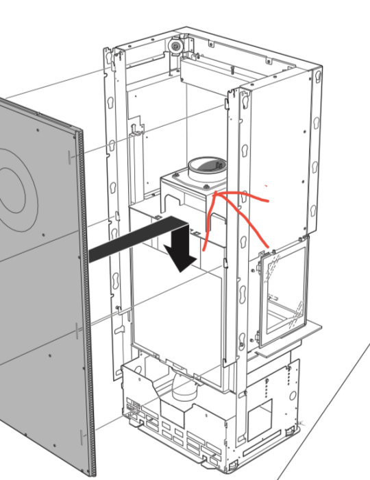 Illustration av en kamin med en markerad övergång där rost upptäckts, inlagt för kontrollförfrågan.