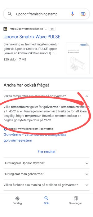 Skärmdump av sökresultat om rekommenderade temperaturer för golvvärme från 27–45°C enligt Uponor.