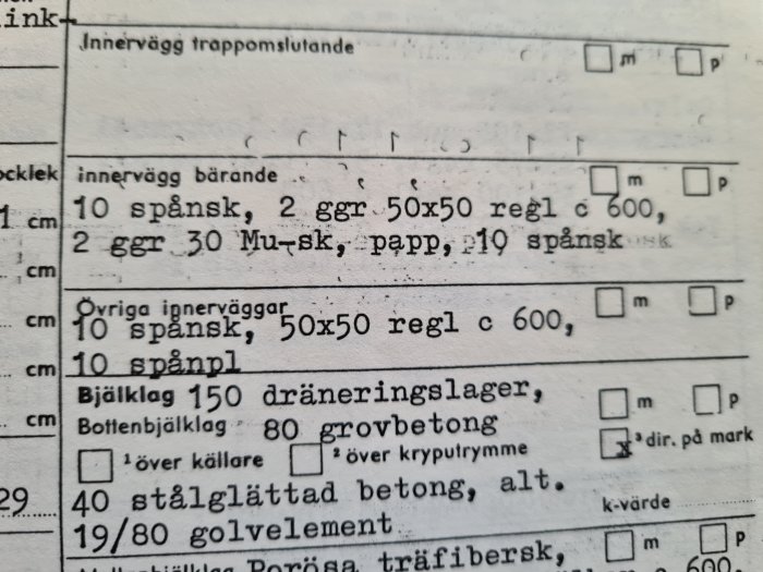 Närbild på ett byggdokument med specifikationer för inerväggar och bjälklag med markerade textavsnitt.