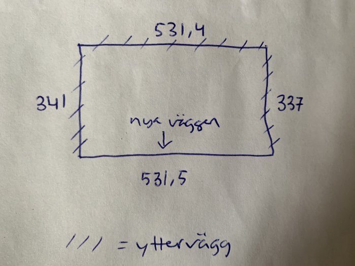 Handritad skiss av ett rum med dimensioner och markerade ytterväggar, angivelse av en ny vägg.