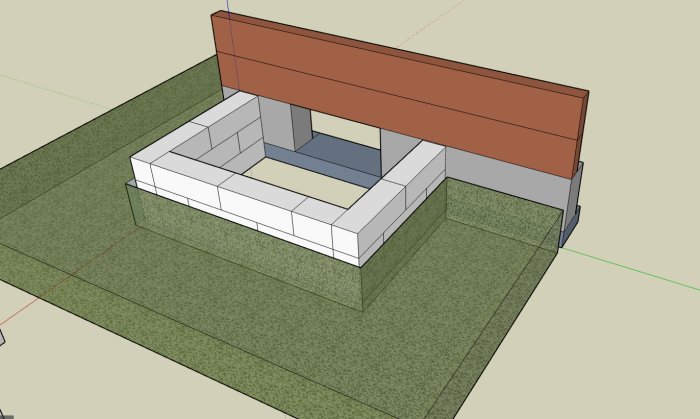 3D-modell av en grund till ett hus med vita isolerblock och betongplatta, omgiven av gräsmatta.