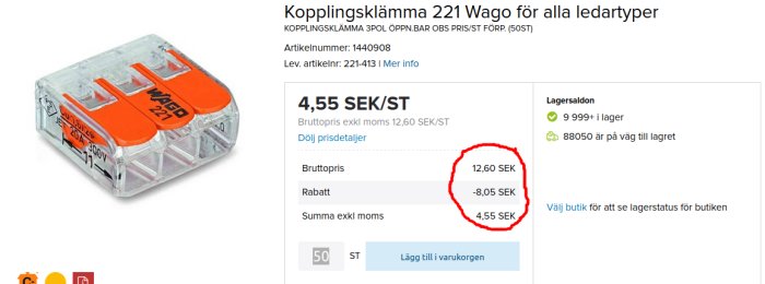Wago kopplingsklämma 221 och prissänkning med markerad rabatt från 12,60 SEK till 4,55 SEK.