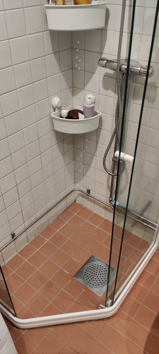 Hörn av badrum med duschkabin, kaklade väggar, tvålhållare och duschtillbehör.