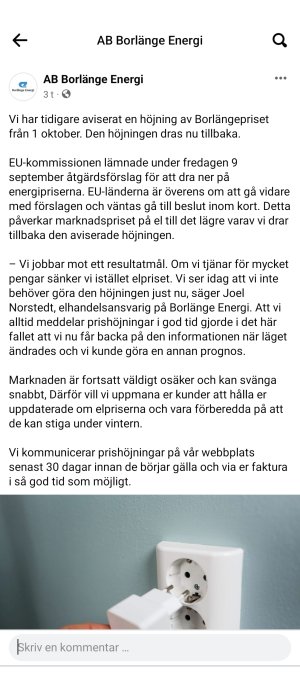 Skärmdump från AB Borlänge Energi om återkallad elprishöjning med eluttag i förgrunden.