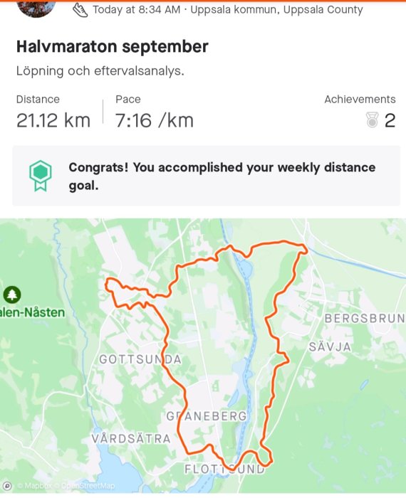 Skärmklipp av en karta som visar löpsträcka för ett halvmaraton i Uppsala kommun.