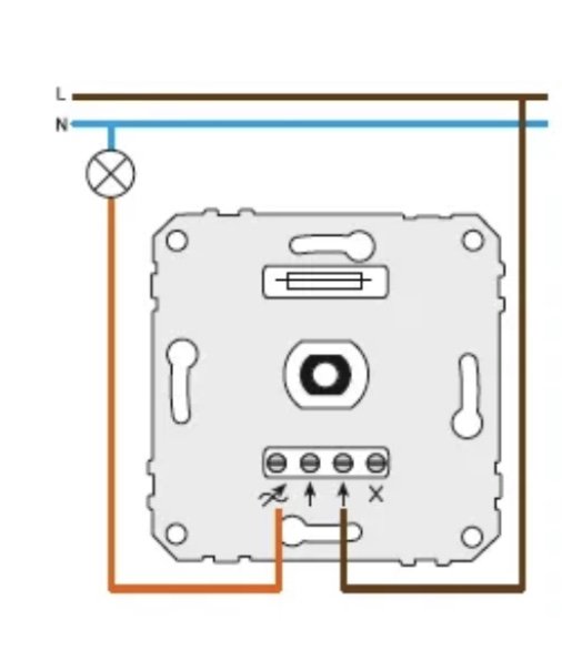 Elritning som visar nollan och fasen kopplade till ett uttag, med ett schema för dimmer och lampa.