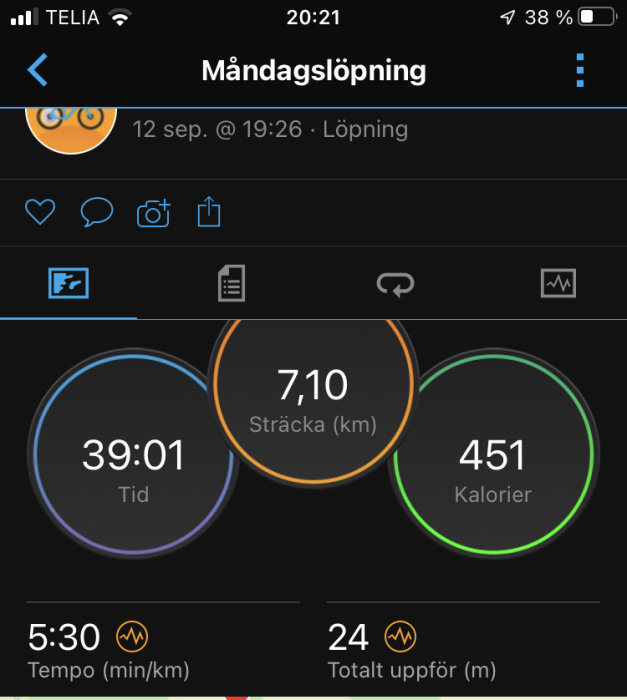 Skärmdump av löparapp visar sträcka 7,10 km, tid 39:01, förbrända kalorier 451 och tempo 5:30 min/km.