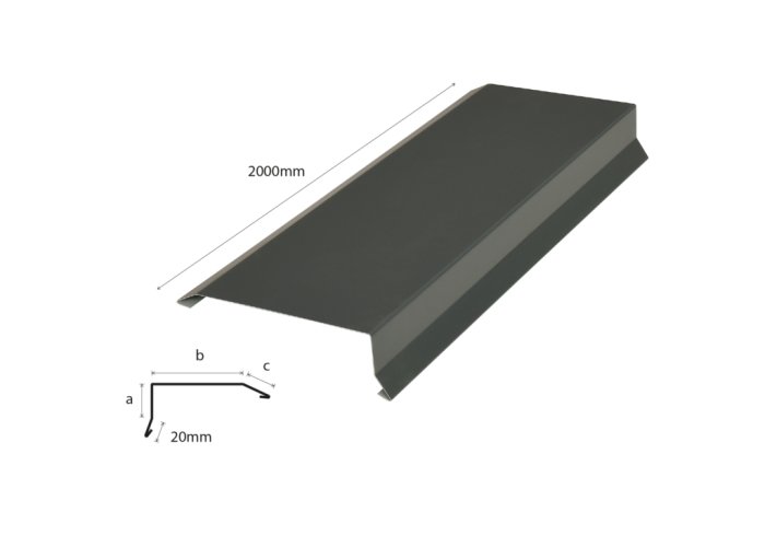 Illustration av en metallplåts profil med måttangivelser, 2000mm lång och 20mm tjock.