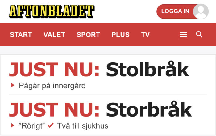 Skärmdump av nyhetssajt med rubriker om stolbråk och storbråk.