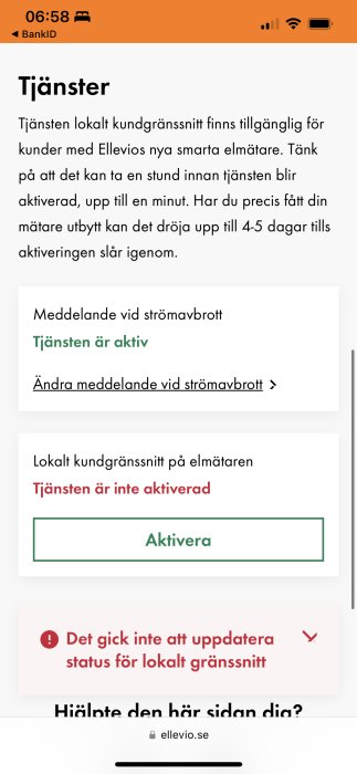 Skärmklipp av ett felmeddelande på Ellevios webbsida om aktivering av tjänsten lokalt kundgränssnitt.