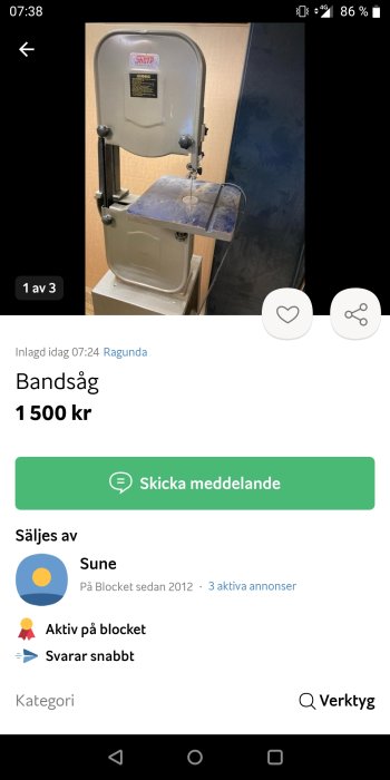 Begagnad bandsåg till salu, synlig på en bild i en annons.