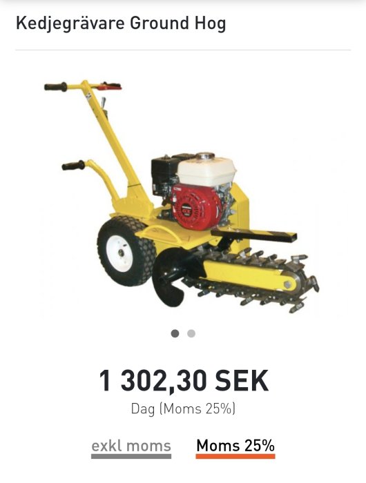 Gul kedjegrävare Ground Hog med motor och grävkedja på vit bakgrund, pris 1302,30 SEK exkl moms.