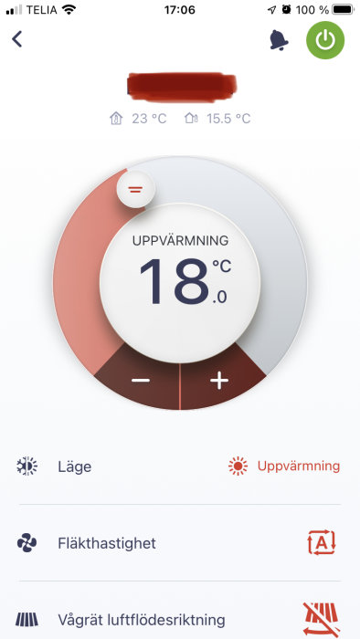 Skärmdump av termostatapp som visar uppvärmningsinställning på 18 grader Celsius.