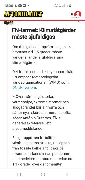 Skärmdump från Aftonbladet om FN-larmet att klimatåtgärder måste sjufaldigas.