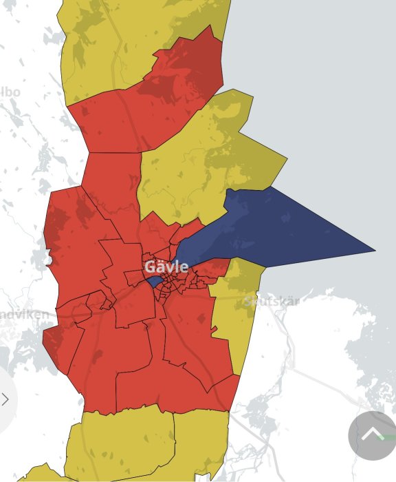 Kartbild visar olika röstningsmönster i ett val utifrån regioner med röd, gul och blå färgkodning.