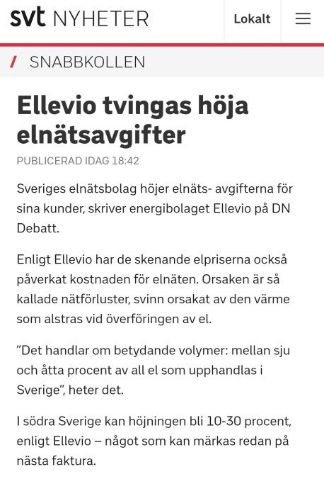 Skärmbild av en SVT Nyheter artikel om att Ellevio måste höja elnätsavgifter.