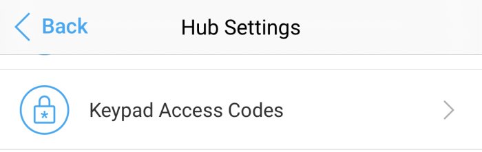 Mobilskärmbild som visar 'Keypad Access Codes'-menyalternativ i appens inställningar.