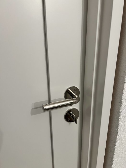 Nyinstallerad stilren dörrhandtag av silverfärgad metall på en vit dörr med dekorativa lister.