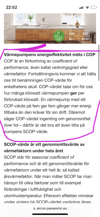 Skärmdump från diskussionsforum som förklarar COP-värde och SCOP-värde för värmepumpar.