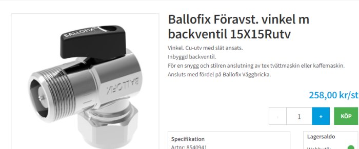 Ballofix vinkelventil med backventil, 15x15 mm anslutningar, för anslutning av tvättmaskin eller kaffemaskin.